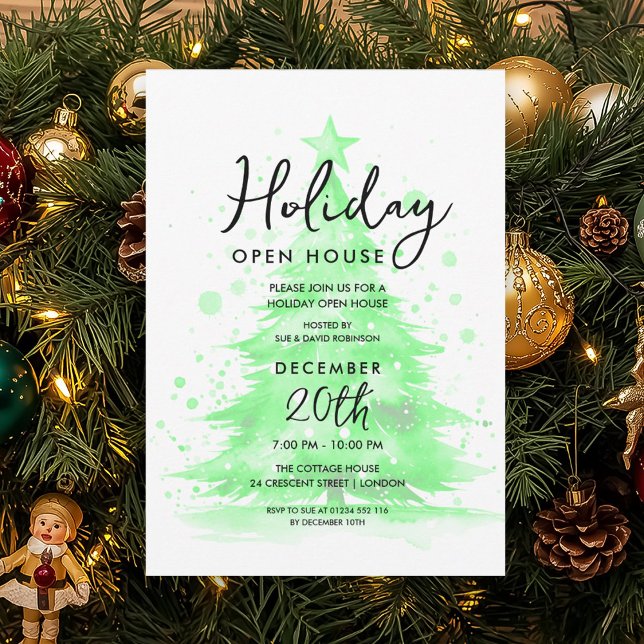 Convites Elegant Holiday Open House Green Hand Painted Tree (Elegant Holiday Open House Green Hand Painted Tree Invitation)