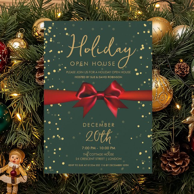 Convites Elegant Holiday Open House Red Bow Green  (Elegant Holiday Open House Red Bow Green Invitation)