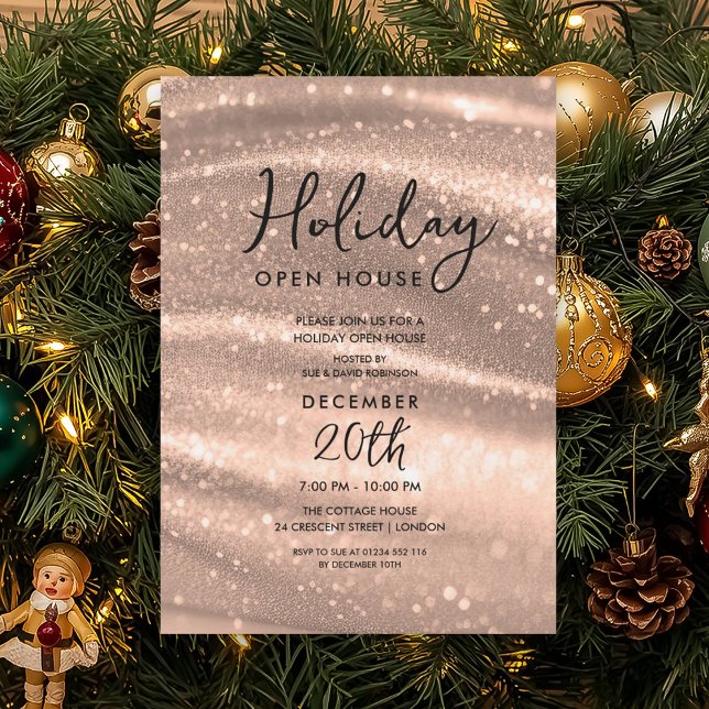 Convites Elegant Holiday Open House Rose Gold Sparkle Glam (Elegant Holiday Open House Rose Gold Sparkle Glam Invitation)