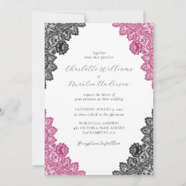 Convites Elegant Hot Pink and Black Floral Lace Wedding