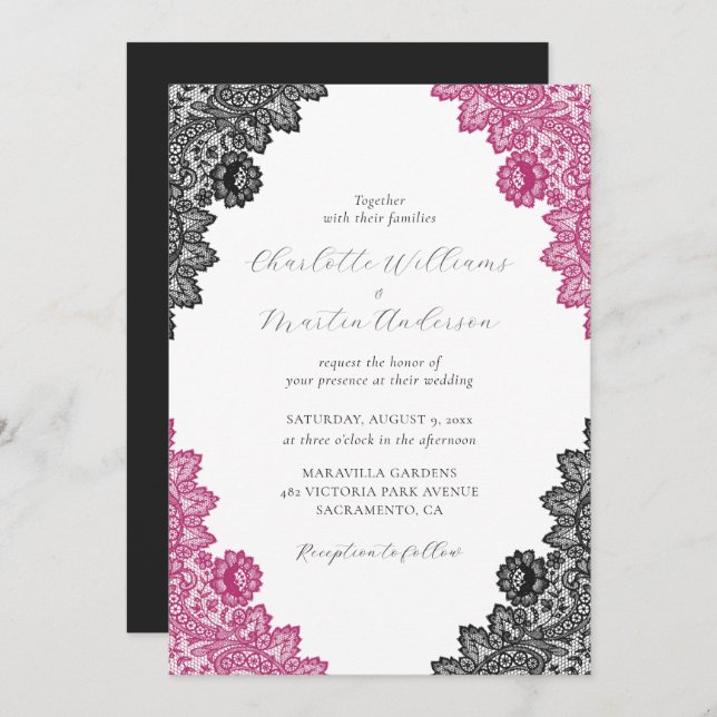 Convites Elegant Hot Pink and Black Floral Lace Wedding (Frente/Verso)