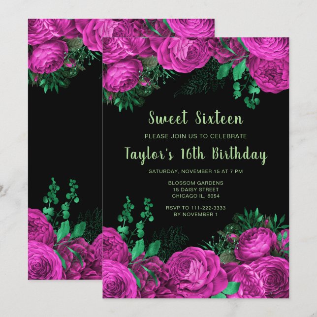 Convites Elegant Hot Pink Flowers Sweet Sixteen (Frente/Verso)