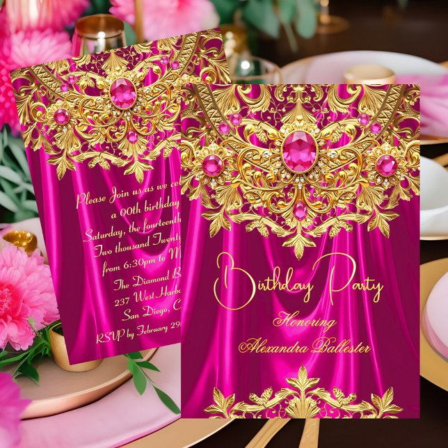 Convites Elegant Hot Pink gems Gold Lace Damask Birthday (Criador carregado)