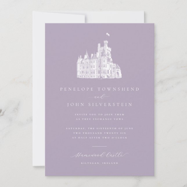 Convites Elegant Illustration Lavender Castle Wedding (Frente)