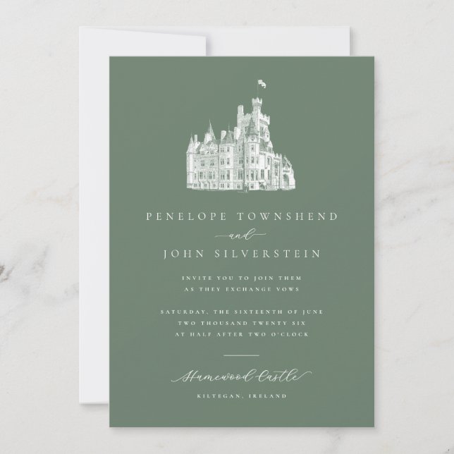 Convites Elegant Illustration Sage Green Castle Wedding (Frente)