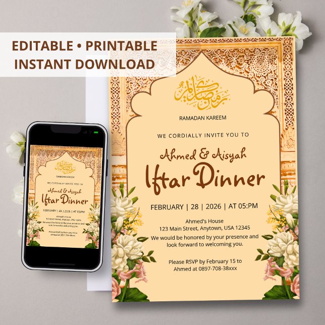 Convites Elegant Islamic Arch Floral Iftar invitation (Criador carregado)