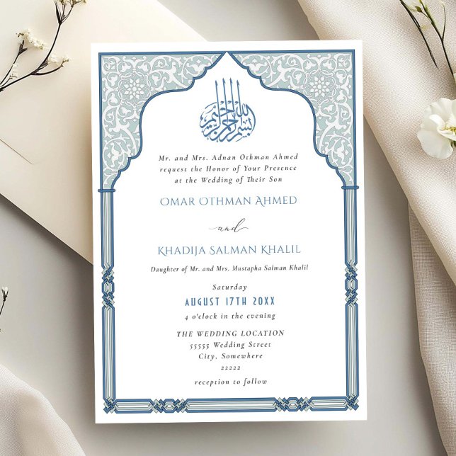 Convites Elegant Islamic Blue Arch Ornate Arabesque Wedding (Criador carregado)
