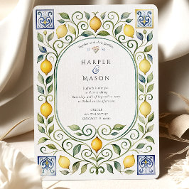 Convites Elegant Italian Lemon & Blue Tile Wedding