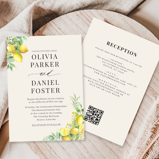 Convites Elegant Italian Lemon QR Code Wedding (Criador carregado)