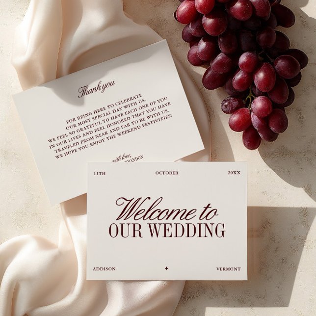 Convites Elegant Ivory & Burgundy Wedding Welcome Card (Elegant Ivory & Burgundy Wedding Welcome Card)