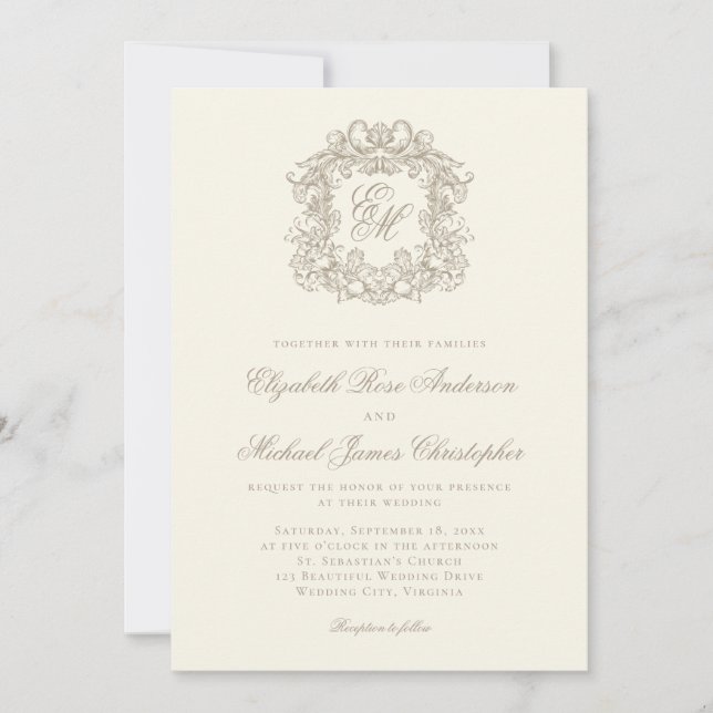 Convites Elegant Ivory Monogram Crest Wedding (Frente)