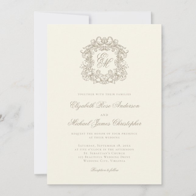 Convites Elegant Ivory Ornate Monogram Crest Wedding (Frente)