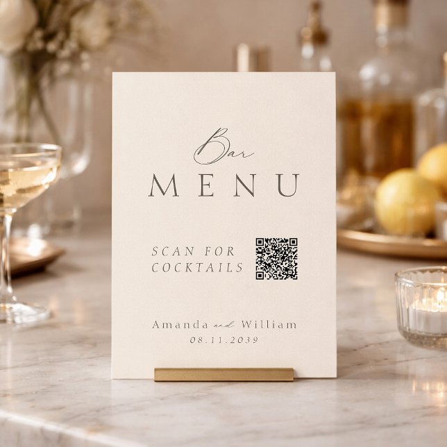 Convites Elegant Ivory QR Code Wedding Bar Menu Sign (Criador carregado)