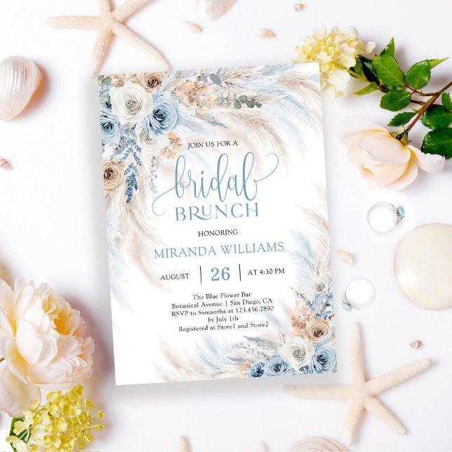 Convites Elegant Ivory Roses Blue Floral Bridal Brunch (Criador carregado)