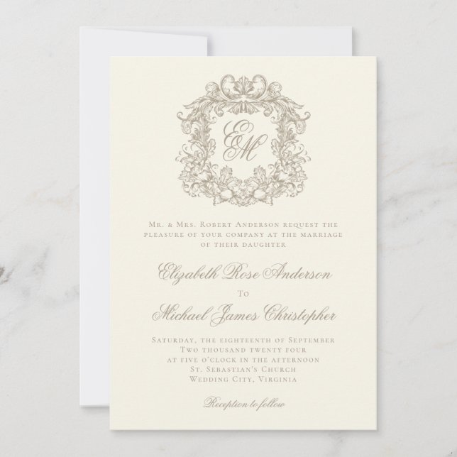 Convites Elegant Ivory Vintage Crest Monogram Wedding (Frente)