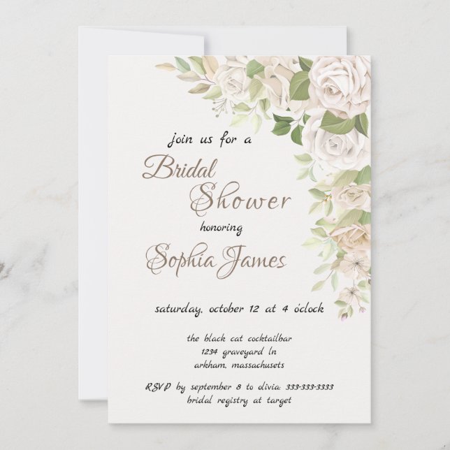 Convites elegant Ivory White Roses Bridal Shower  (Frente)