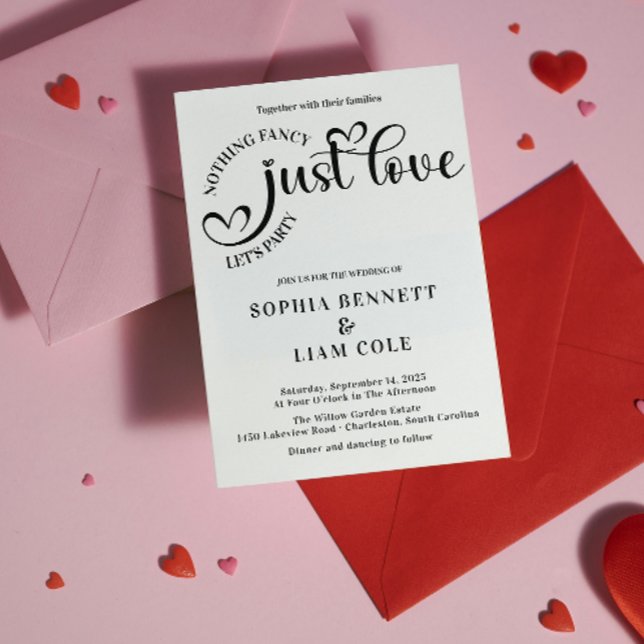 Convites Elegant Just Love Black and  White Heart Wedding  (Elegant Just Love Black and White Heart Wedding Invite fun quotes nothing fancy just love lets party)
