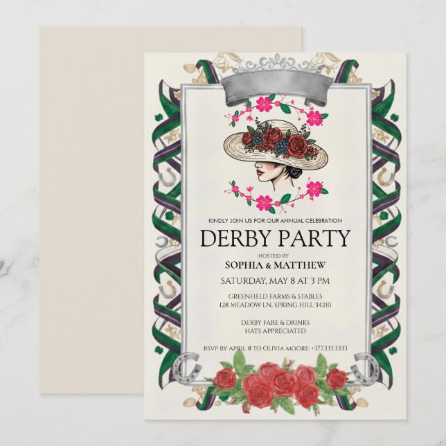 Convites Elegant Kentucky Derby Party Floral Invitation (Frente/Verso)