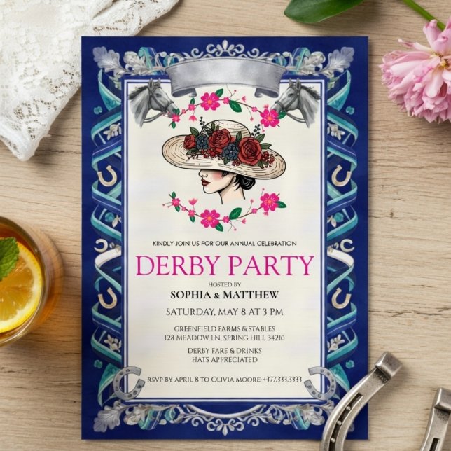 Convites Elegant Kentucky Derby Party Floral Invitation (Criador carregado)