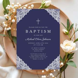 Convites Elegant Lace Navy Blue Baby Boy Baptism