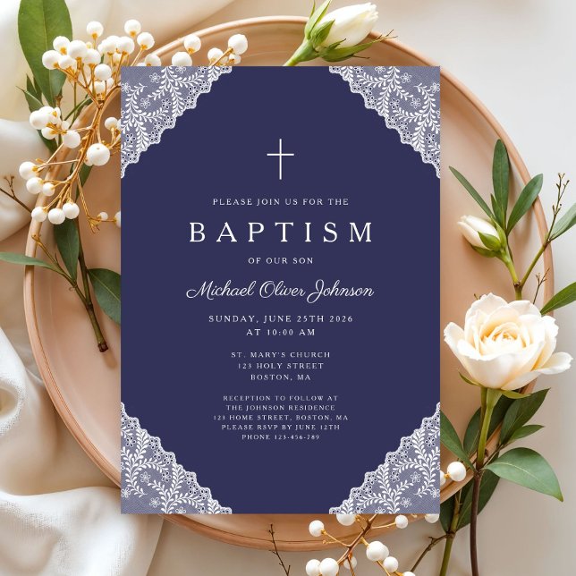 Convites Elegant Lace Navy Blue Baby Boy Baptism (Elegant Lace Navy Blue Baby Boy Baptism Invitation)