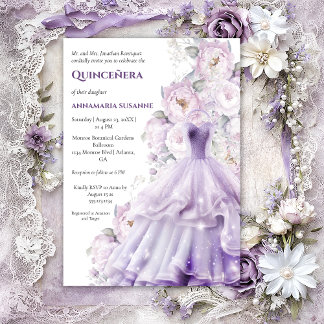 Convites Elegant Lavender Floral Quinceañera Ball Gown | 