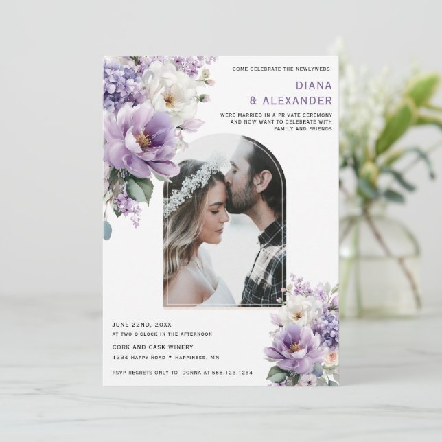 Convites Elegant Lavender Floral Reception Only | (Em pé/Frente)