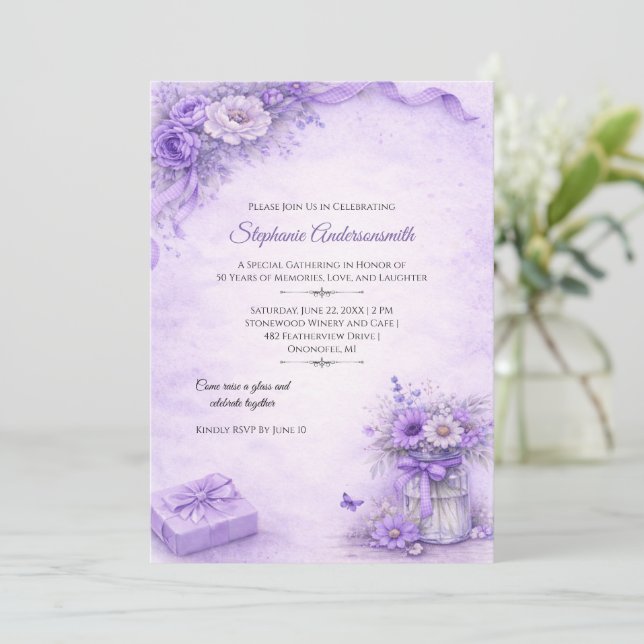 Convites Elegant Lavender Flowers Birthday Party | (Em pé/Frente)