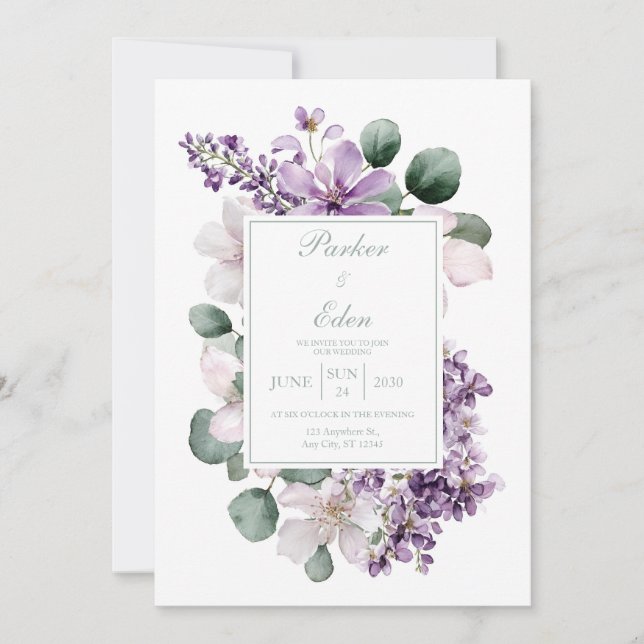Convites Elegant Lavender Lilac Eucalyptus Watercolor (Frente)