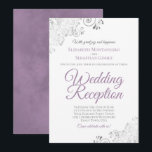 Convites Elegant Lavender Purple & Silver Wedding Reception<br><div class="desc">These beautiful wedding reception invitations feature a simple yet elegant design with lavender purple script lettering and silver faux foil curls and swirls in the corners. The design is posh,  elegant and classy. Perfect way to invite your friends and family to join in your wedding celebration!</div>