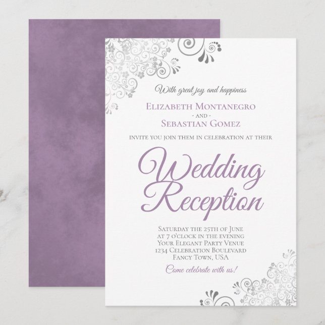 Convites Elegant Lavender Purple & Silver Wedding Reception (Frente/Verso)
