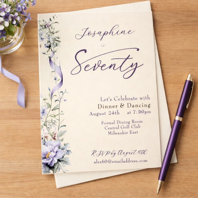 Convites Elegant Lavender Wildflower Script 70th Birthday (Criador carregado)