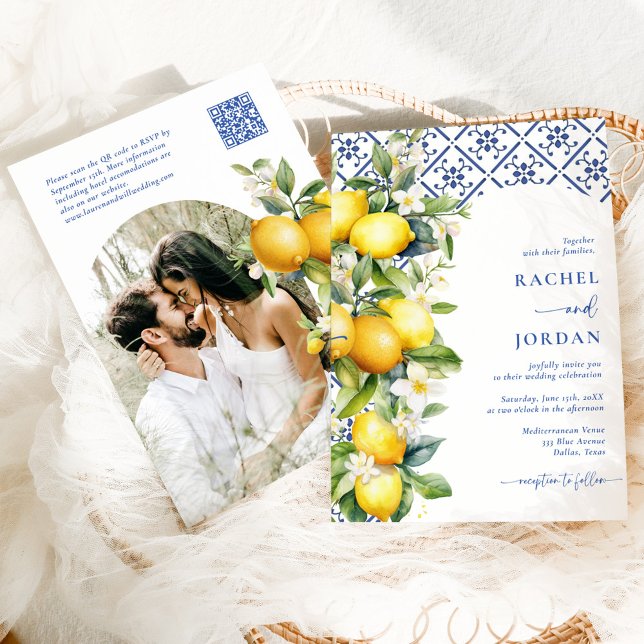 Convites Elegant Lemon Mediterranean Qr Code Photo Wedding (Criador carregado)