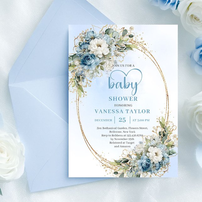 Convites Elegant Light Blue Floral Eucalyptus Gold Shower  (Elegant Light Blue Floral Eucalyptus Gold Shower Card

)