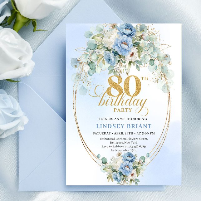 Convites Elegant Light Blue Peony Floral Gold 80th Birthday (Elegant Light Blue Peony Floral Gold 80th Birthday Invite)