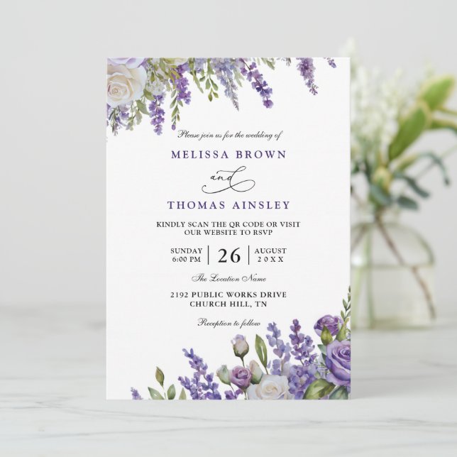 Convites Elegant Light Purple Lavender QR Code Wedding (Em pé/Frente)