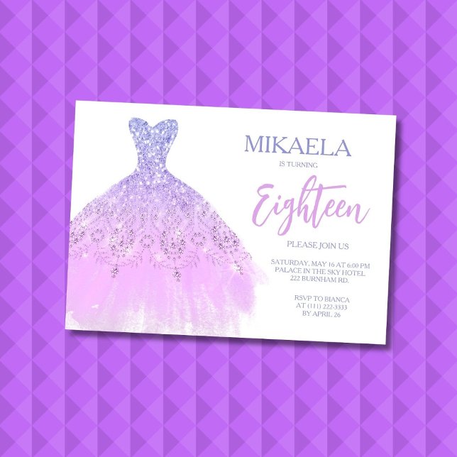 Convites Elegant Lila Gown Glitter 18th Birthday Invitation (Criador carregado)