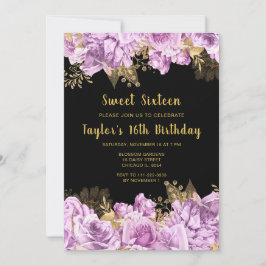 Convites Elegant Lilac and Gold Flowers Sweet Sixteen