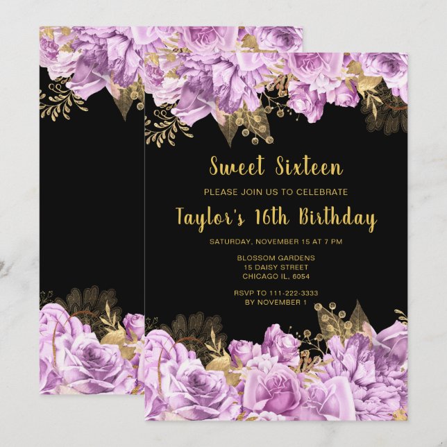 Convites Elegant Lilac and Gold Flowers Sweet Sixteen (Frente/Verso)