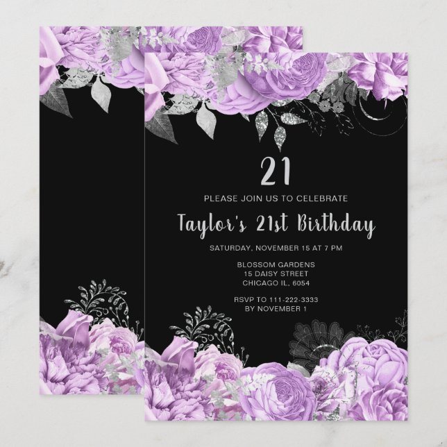Convites Elegant Lilac and Silver Flowers Birthday Party (Frente/Verso)