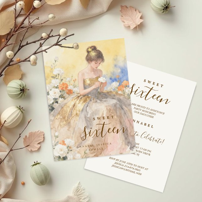 Convites Elegant & Lovely Floral Sweet Sixteen Birthday  (Delicate Pastel Watercolor Young Woman in Golden and Gray Strapless Dress Card.)
