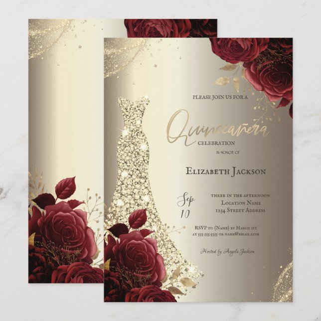 Convites Elegant Luxury Dress Red Roses Gold Quinceañera (Frente/Verso)