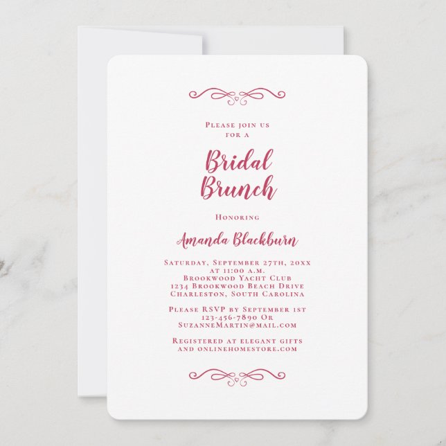 Convites Elegant Magenta Red Calligraphy Bridal Brunch (Frente)