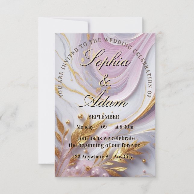 Convites Elegant Marble & Gold Wedding Invitation (Frente)