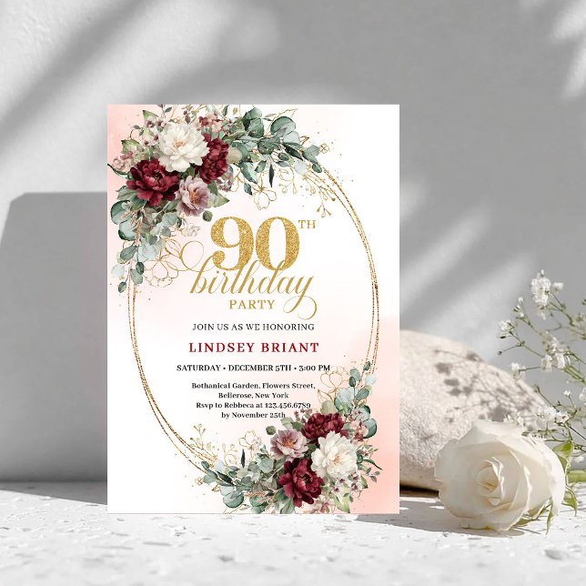 Convites Elegant Marsala Peonies Eucalyptus 90th Birthday  (Elegant Marsala Peonies Eucalyptus 90th Birthday Invite)