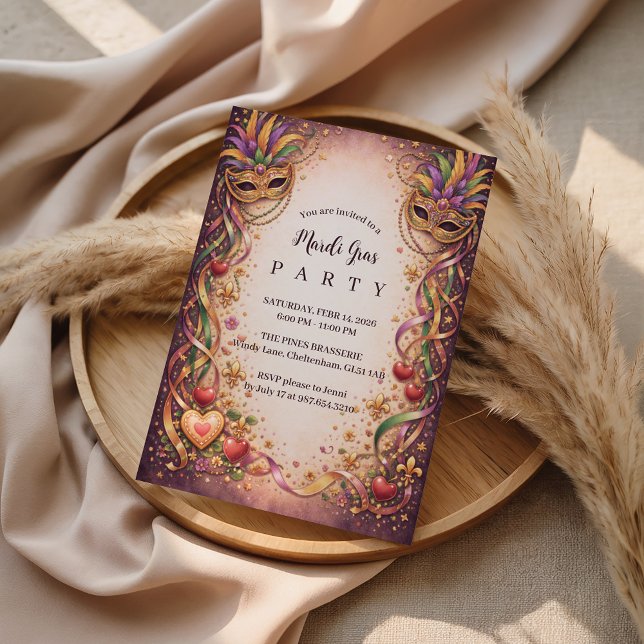 Convites Elegant Masquerade Hearts Mardi Gras (Criador carregado)