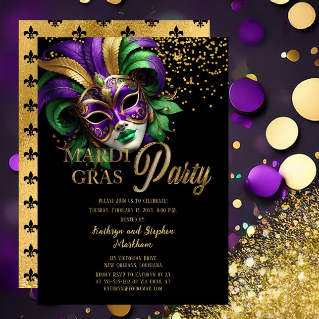 Convites Elegant Masquerade Mask Mardi Gras Party (Elegant Purple, Green and Gold Tone Masquerade Mask Mardi Gras Party Invitation -- Print | Digital )