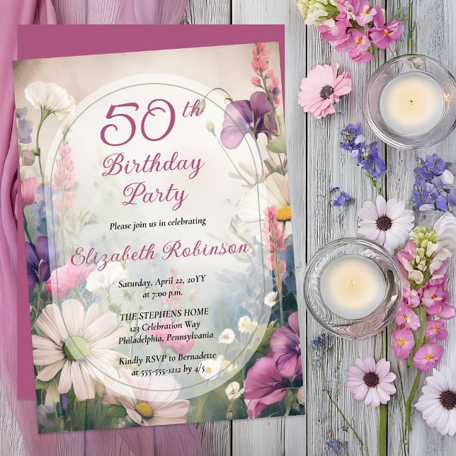 Convites Elegant Mauve | Multi 50th Birthday Party Floral (Elegant Floral 50th Milestone Birthday | Romantic Botanical Garden Party Invitation -Print | Digital)