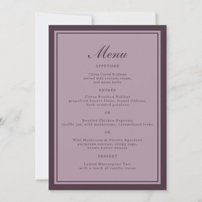 Convites Elegant Mauve Plum Wedding Dinner Menu Card (Frente)