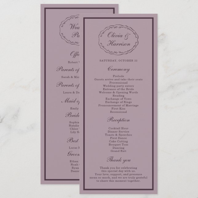 Convites Elegant Mauve Plum Wedding Program Card (Frente/Verso)